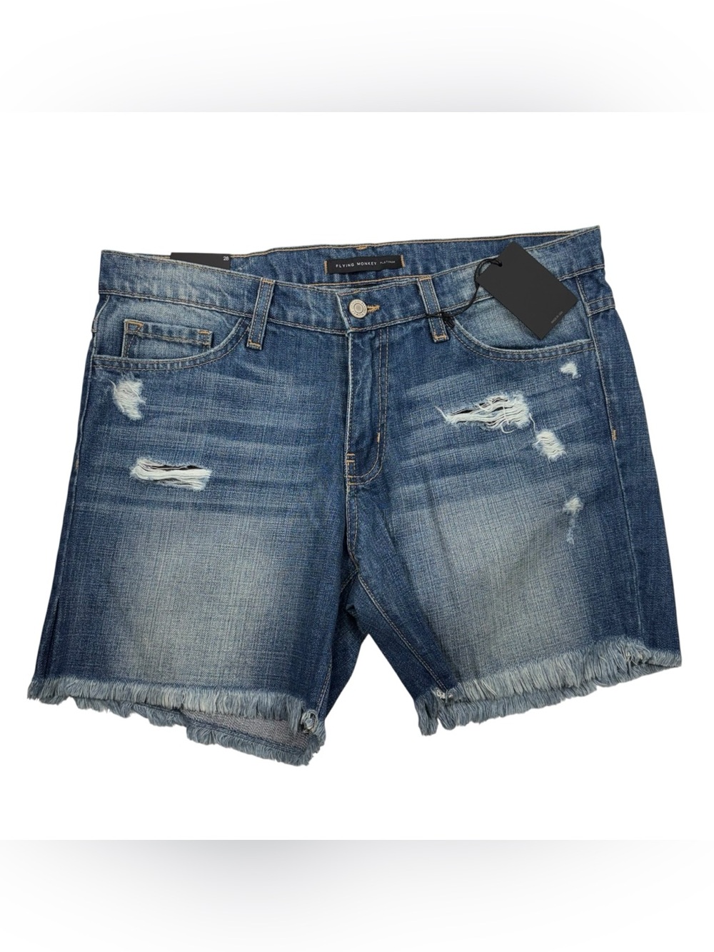 Flying Money Stretch Denim Raw Hem Medium Wash 6" Inseam Shorts L8453 NWT 28
